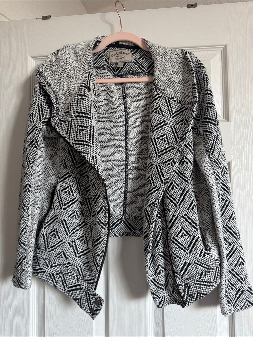 Lucky Brand Black & White Hooded Zip Up Moto Jacket